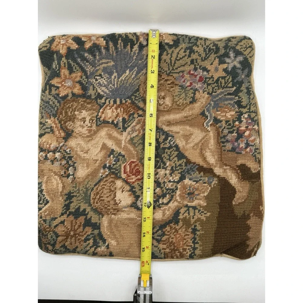 Vintage Needlepoint Pillow Floral Cherub Angel Wool and Velvet Zipper 15.5X 15.5